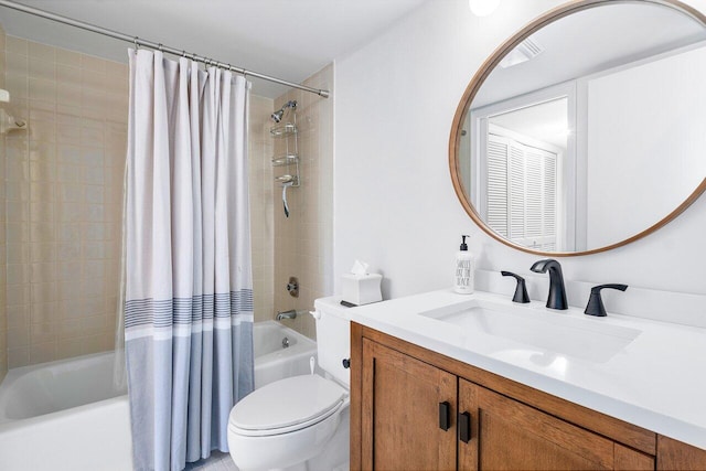 full bathroom with toilet, vanity, and shower / bathtub combination with curtain