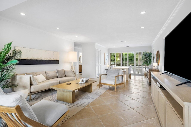 tiled living room with crown molding