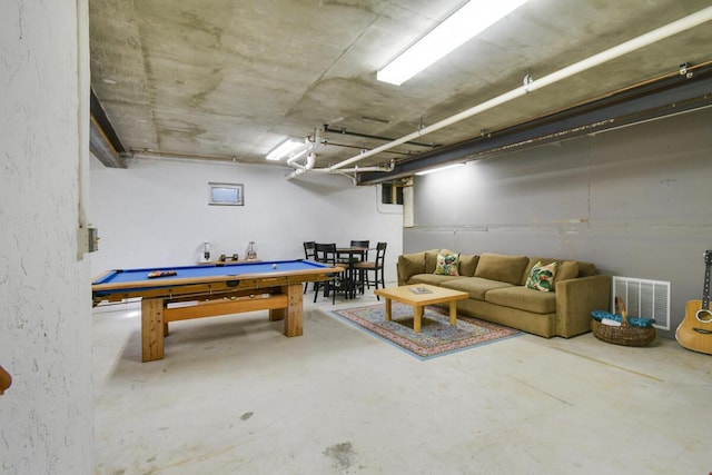 rec room featuring pool table, visible vents, and concrete floors