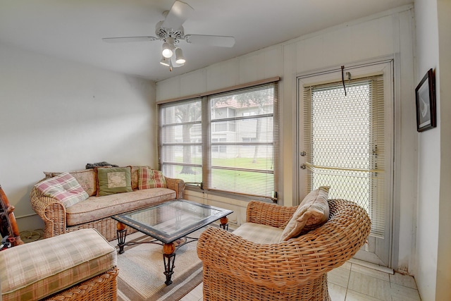 living room with ceiling fan