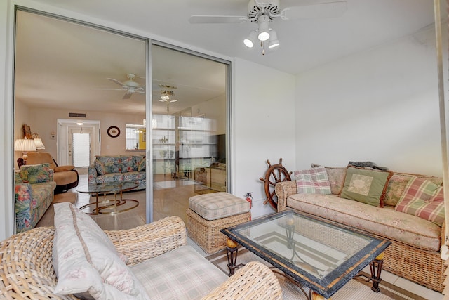 living room with ceiling fan