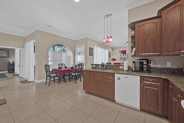 kitchen featuring light tile patterned flooring, ornamental molding, white dishwasher, and sink