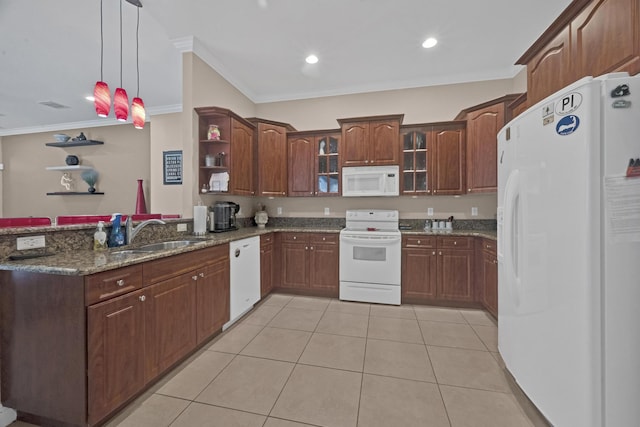 kitchen featuring sink, white appliances, light tile patterned floors, ornamental molding, and decorative light fixtures