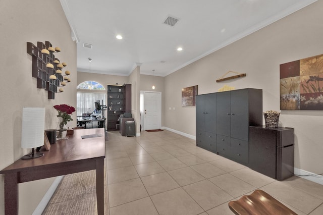 tiled entryway with crown molding