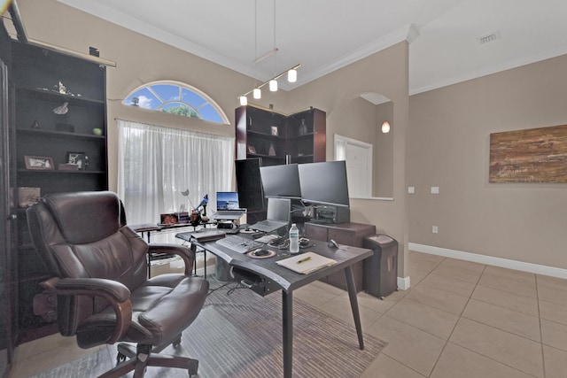 tiled office space with crown molding