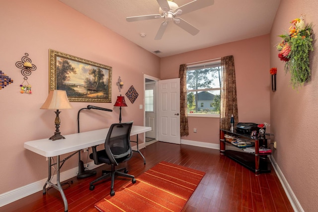 home office with a ceiling fan, wood finished floors, visible vents, and baseboards