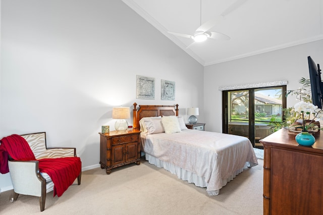 carpeted bedroom with ceiling fan, ornamental molding, access to exterior, and high vaulted ceiling