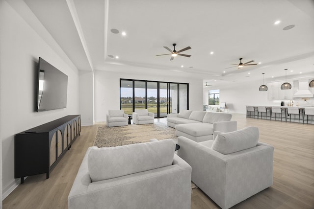 living area featuring a tray ceiling, baseboards, light wood finished floors, and recessed lighting