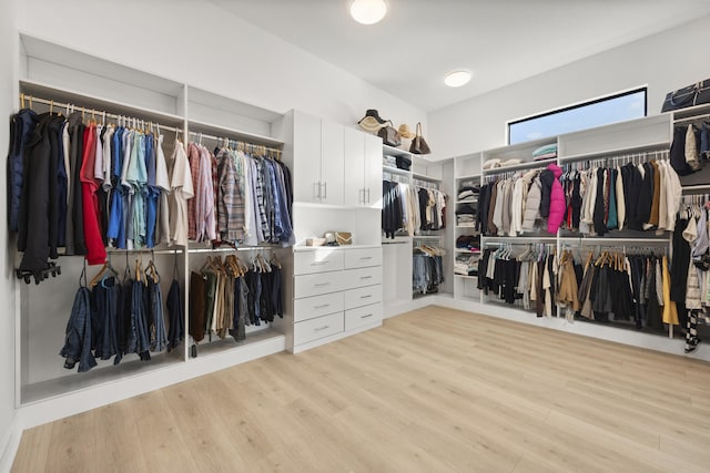 walk in closet with light wood-style floors