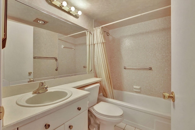 full bathroom with shower / tub combo with curtain, tile patterned floors, toilet, and vanity