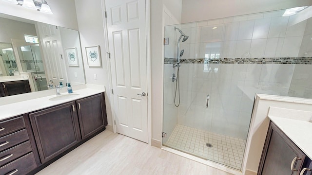 bathroom with vanity and a shower with shower door