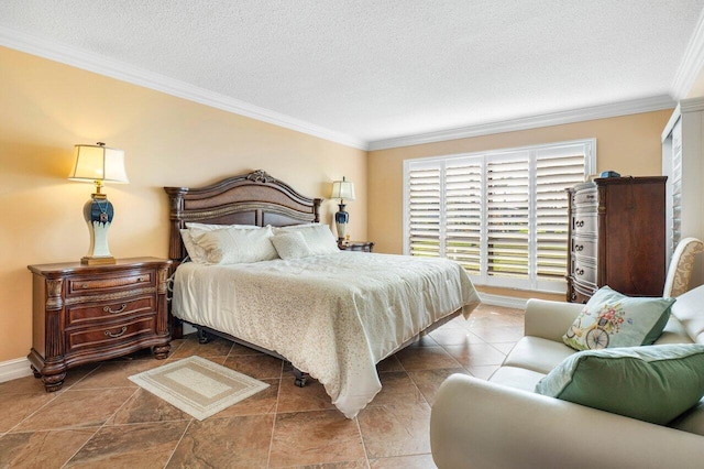 bedroom with ornamental molding and a textured ceiling