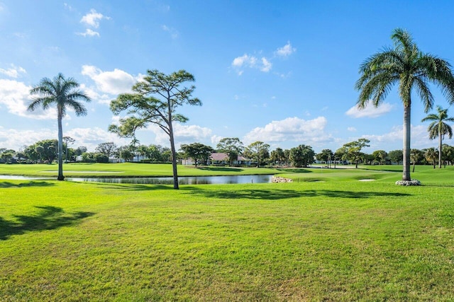 view of community with a water view and a yard