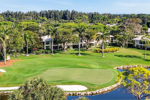 view of property's community with a water view and a yard