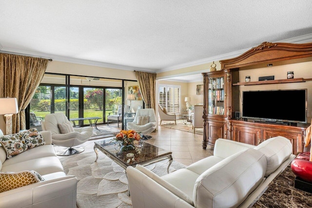 tiled living room featuring ornamental molding and a textured ceiling