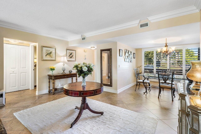 interior space with crown molding, a textured ceiling, and a chandelier