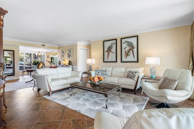 living room with ornamental molding, a textured ceiling, and an inviting chandelier