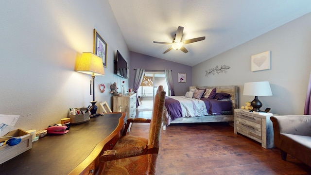 bedroom with vaulted ceiling, dark hardwood / wood-style floors, and ceiling fan