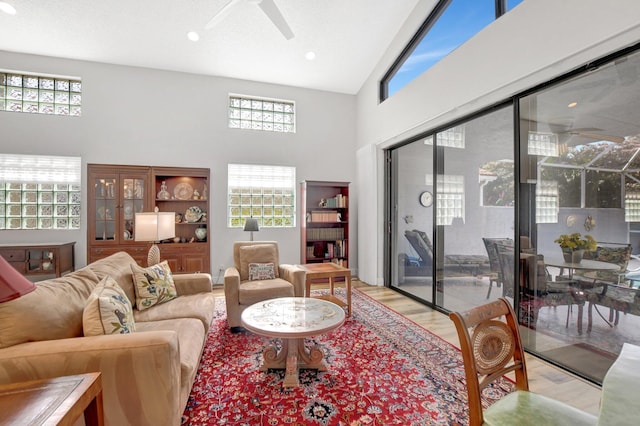 living room with high vaulted ceiling and light hardwood / wood-style flooring