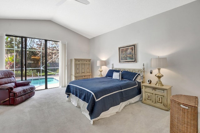 carpeted bedroom with ceiling fan, access to exterior, and vaulted ceiling