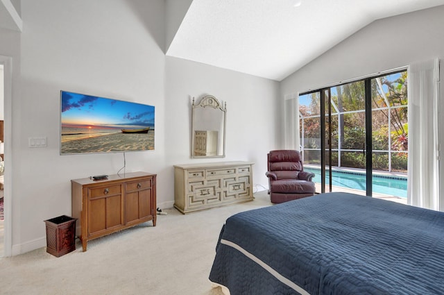 carpeted bedroom with lofted ceiling, multiple windows, and access to outside