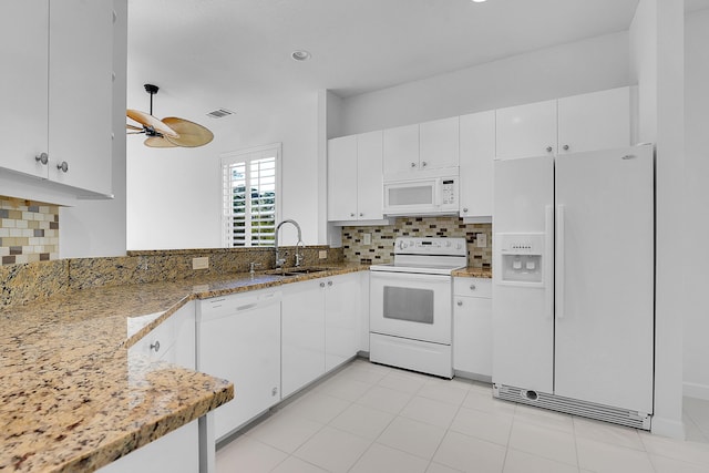 kitchen featuring stone countertops, tasteful backsplash, sink, white cabinets, and white appliances