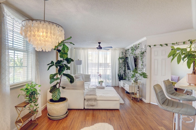 living room with crown molding, ceiling fan with notable chandelier, hardwood / wood-style floors, and a textured ceiling