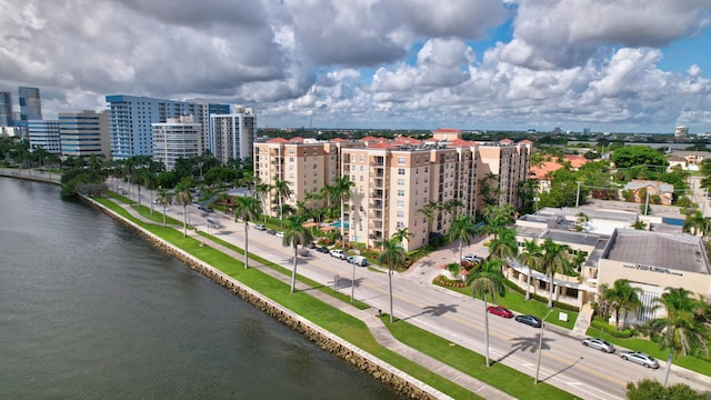 birds eye view of property featuring a water view