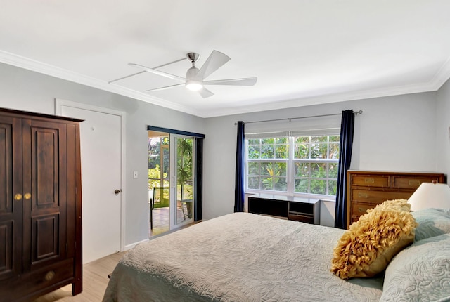 bedroom featuring crown molding, ceiling fan, access to exterior, and light hardwood / wood-style floors