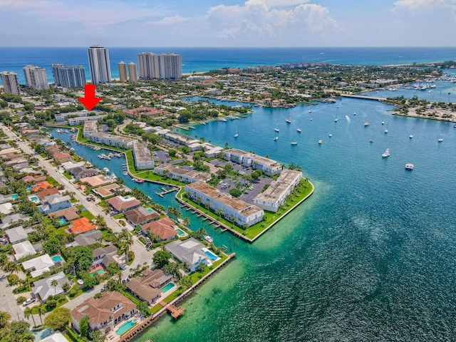 drone / aerial view featuring a water view