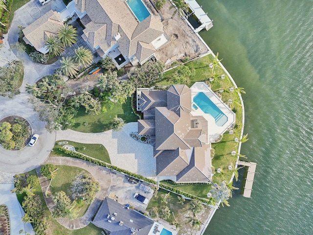 drone / aerial view featuring a water view