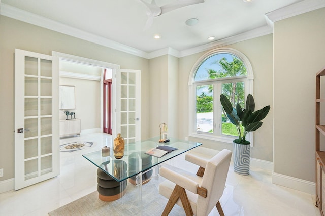 interior space featuring light tile patterned floors, crown molding, and french doors