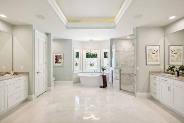 full bathroom featuring toilet, separate shower and tub, ornamental molding, vanity, and a raised ceiling