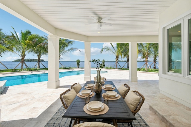 view of patio featuring a water view and ceiling fan