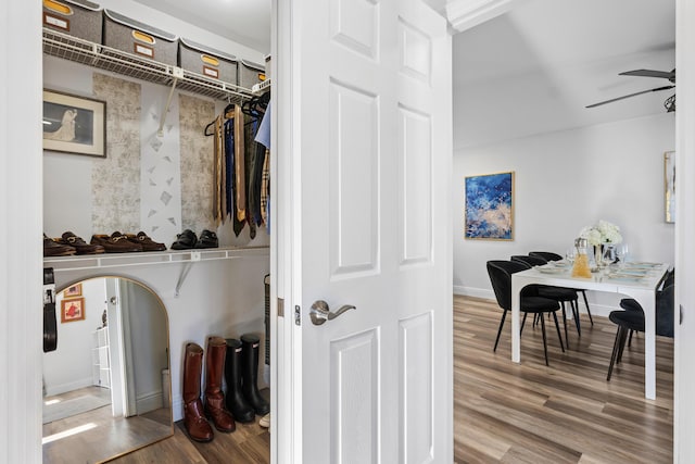 walk in closet with wood-type flooring and ceiling fan