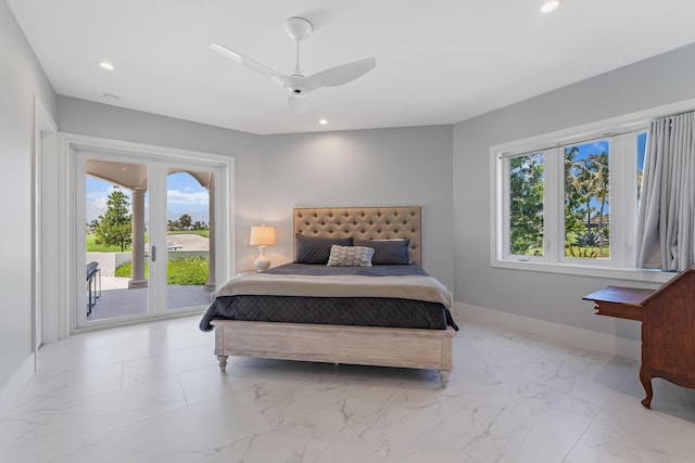 bedroom with access to outside, ceiling fan, and french doors