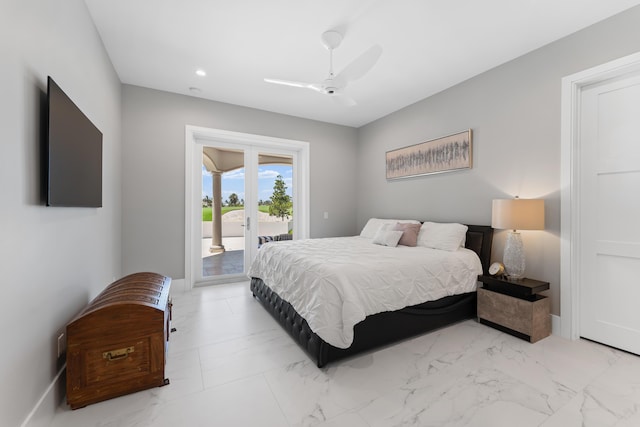 bedroom with access to outside, ceiling fan, and french doors