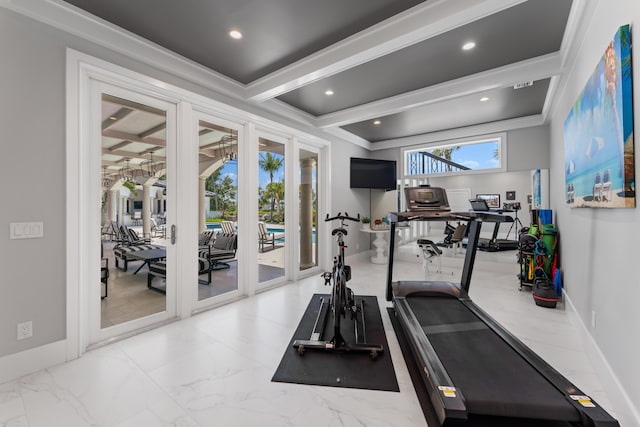 workout room with ornamental molding and french doors