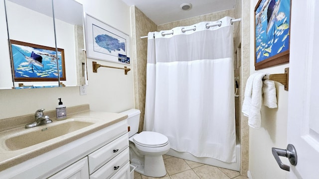 full bath with shower / bathtub combination with curtain, vanity, toilet, and tile patterned floors