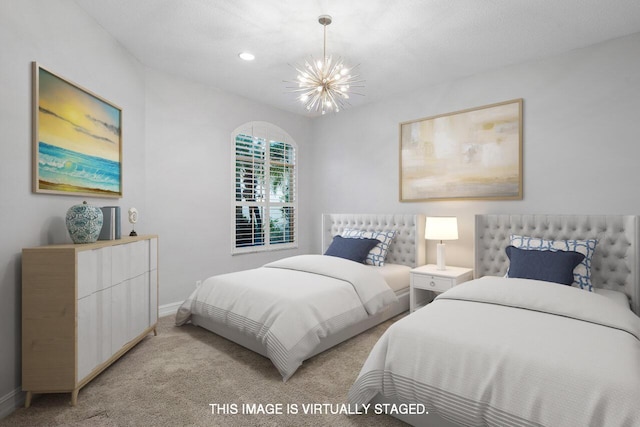 bedroom with light carpet, baseboards, a chandelier, and recessed lighting