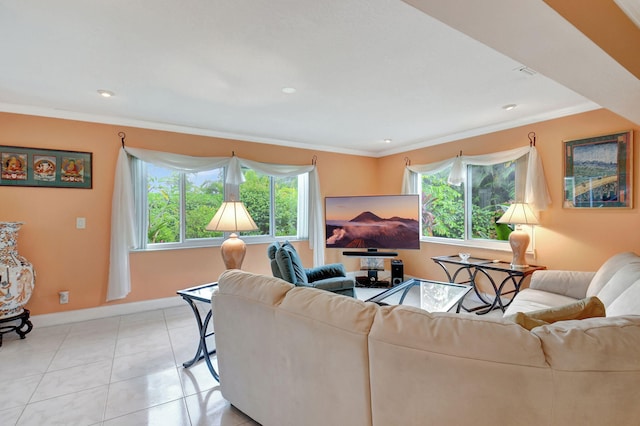 tiled living room featuring crown molding