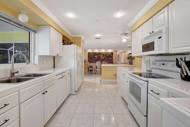 kitchen with white cabinetry, white appliances, crown molding, and sink