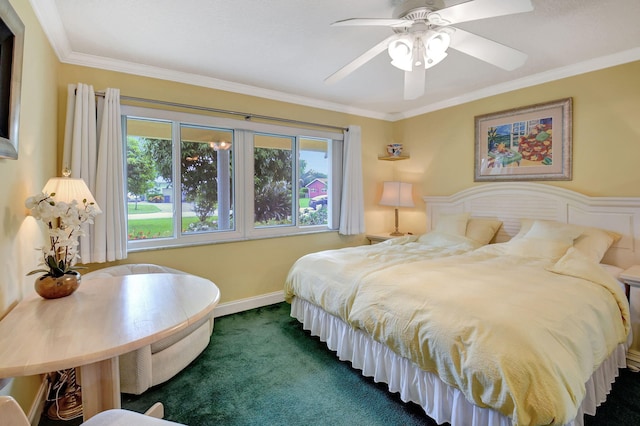 carpeted bedroom featuring crown molding and ceiling fan