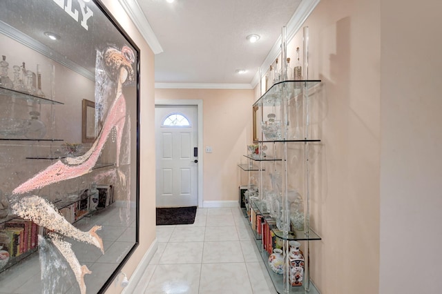 tiled entryway with ornamental molding