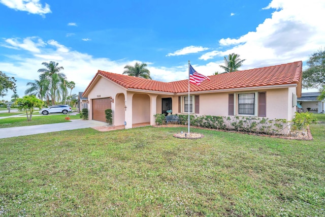 view of front of property featuring concrete driveway, a tiled roof, and stucco siding