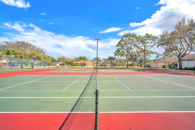 view of tennis court featuring fence