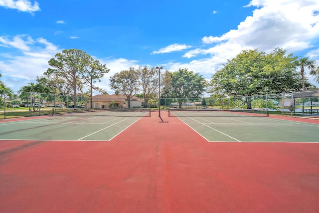 view of tennis court featuring fence