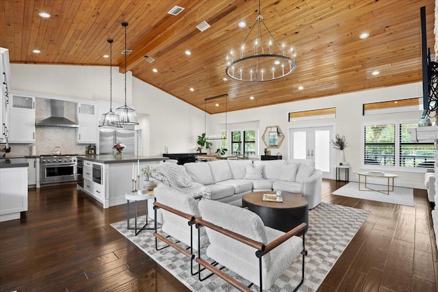 living area featuring dark wood-style floors, high vaulted ceiling, wood ceiling, and a healthy amount of sunlight