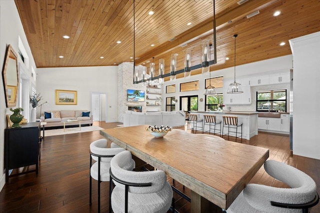 dining room with high vaulted ceiling, recessed lighting, wood ceiling, and dark wood-type flooring