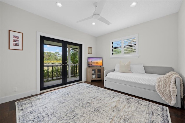 bedroom featuring access to outside, recessed lighting, dark wood finished floors, and baseboards